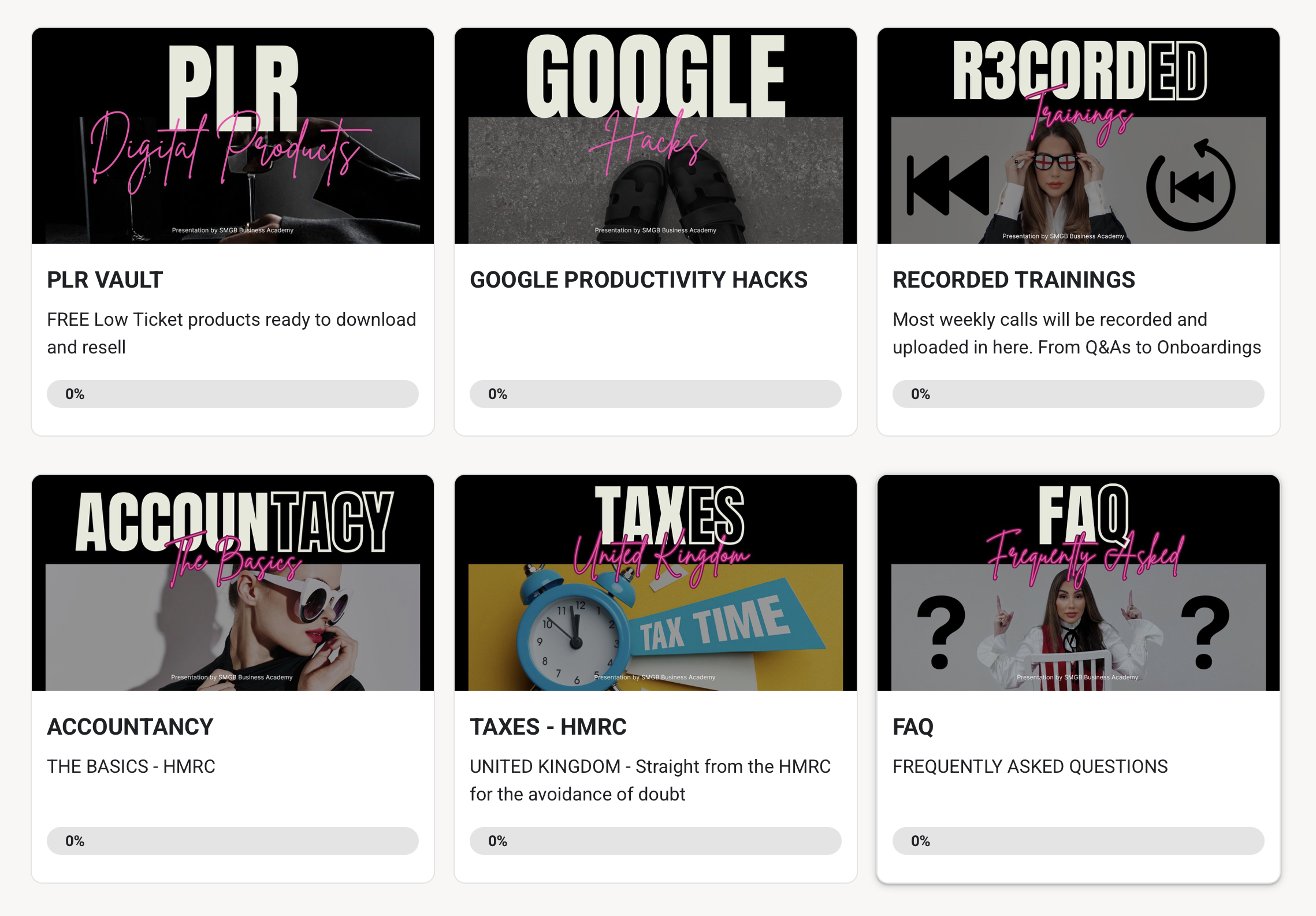 Modules de formation SMGB Business Academy – plus de 100 cours en ligne sur le business digital, marketing, vente, automatisation, réseaux sociaux, branding et mindset pour créer un business en ligne rentable et durable.