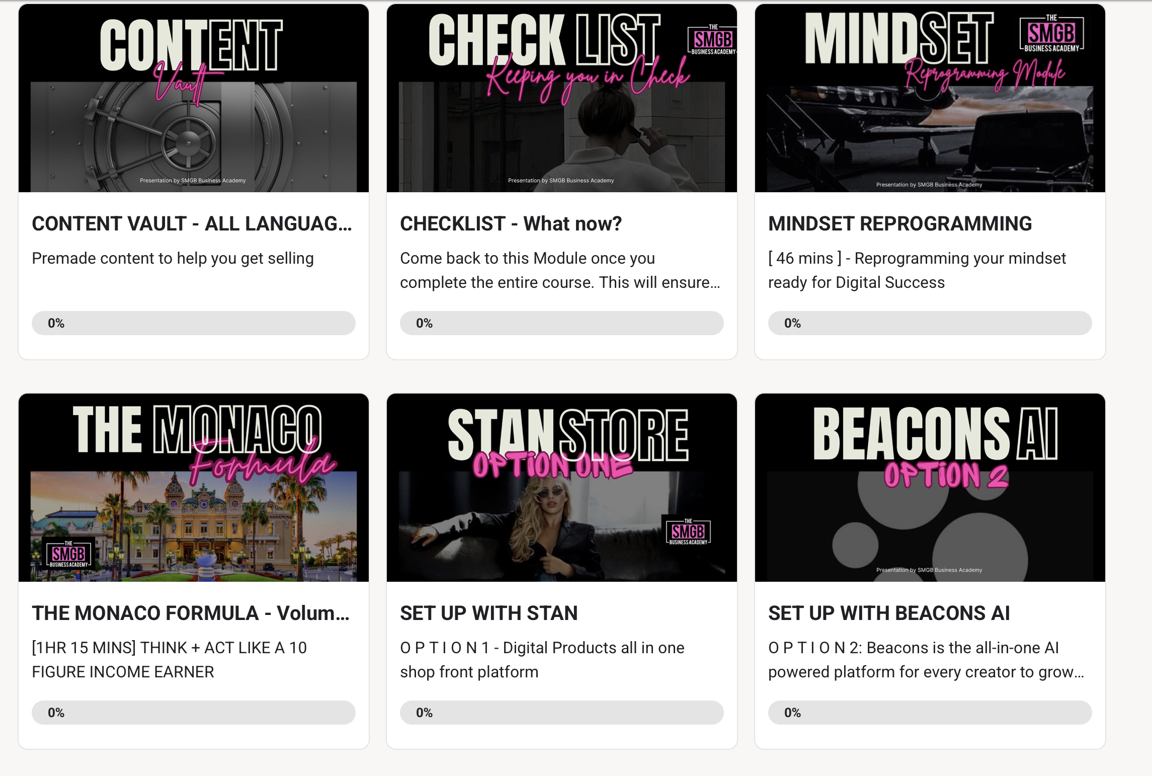 Modules de formation SMGB Business Academy – plus de 100 cours en ligne sur le business digital, marketing, vente, automatisation, réseaux sociaux, branding et mindset pour créer un business en ligne rentable et durable.