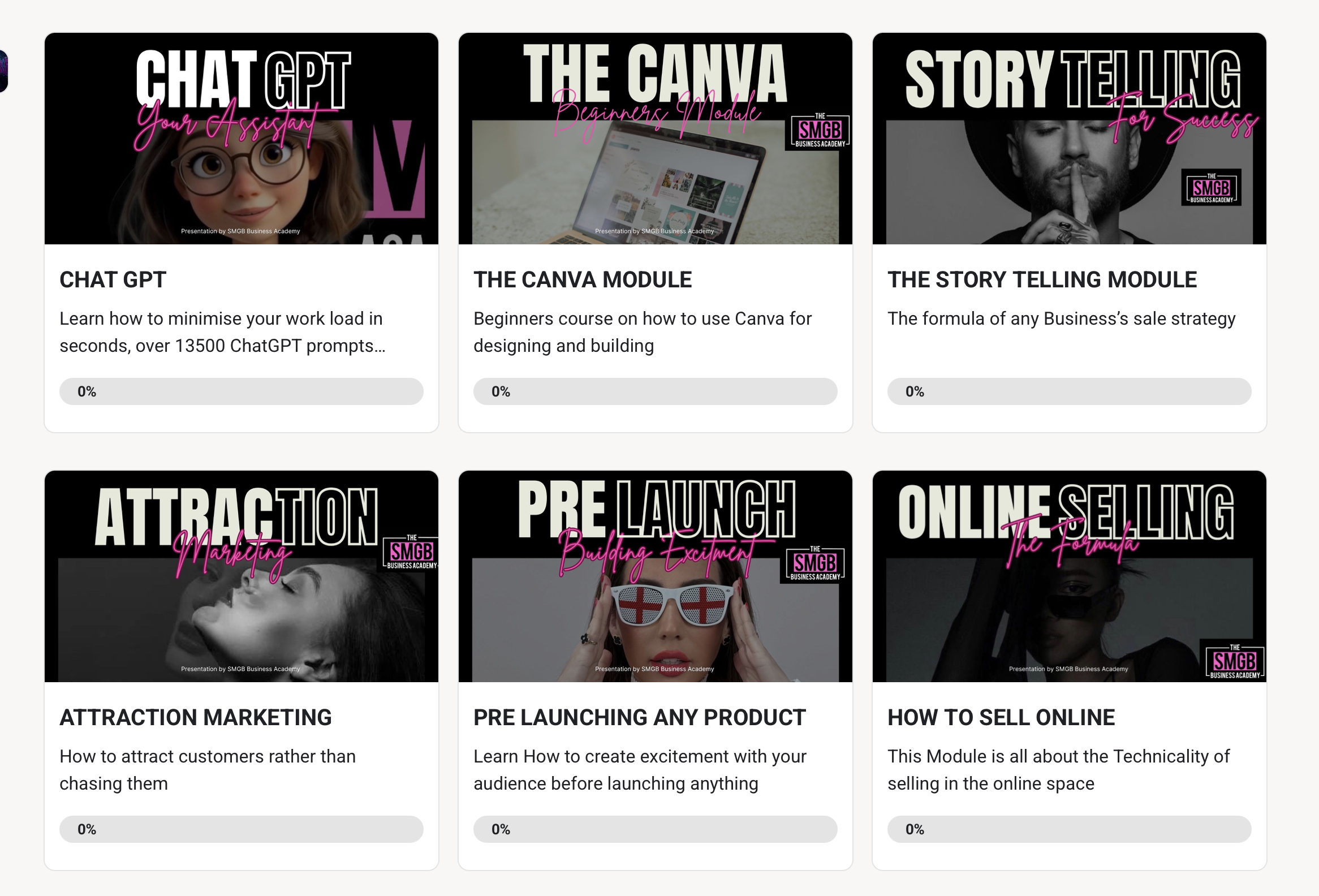 Modules de formation SMGB Business Academy – plus de 100 cours en ligne sur le business digital, marketing, vente, automatisation, réseaux sociaux, branding et mindset pour créer un business en ligne rentable et durable.