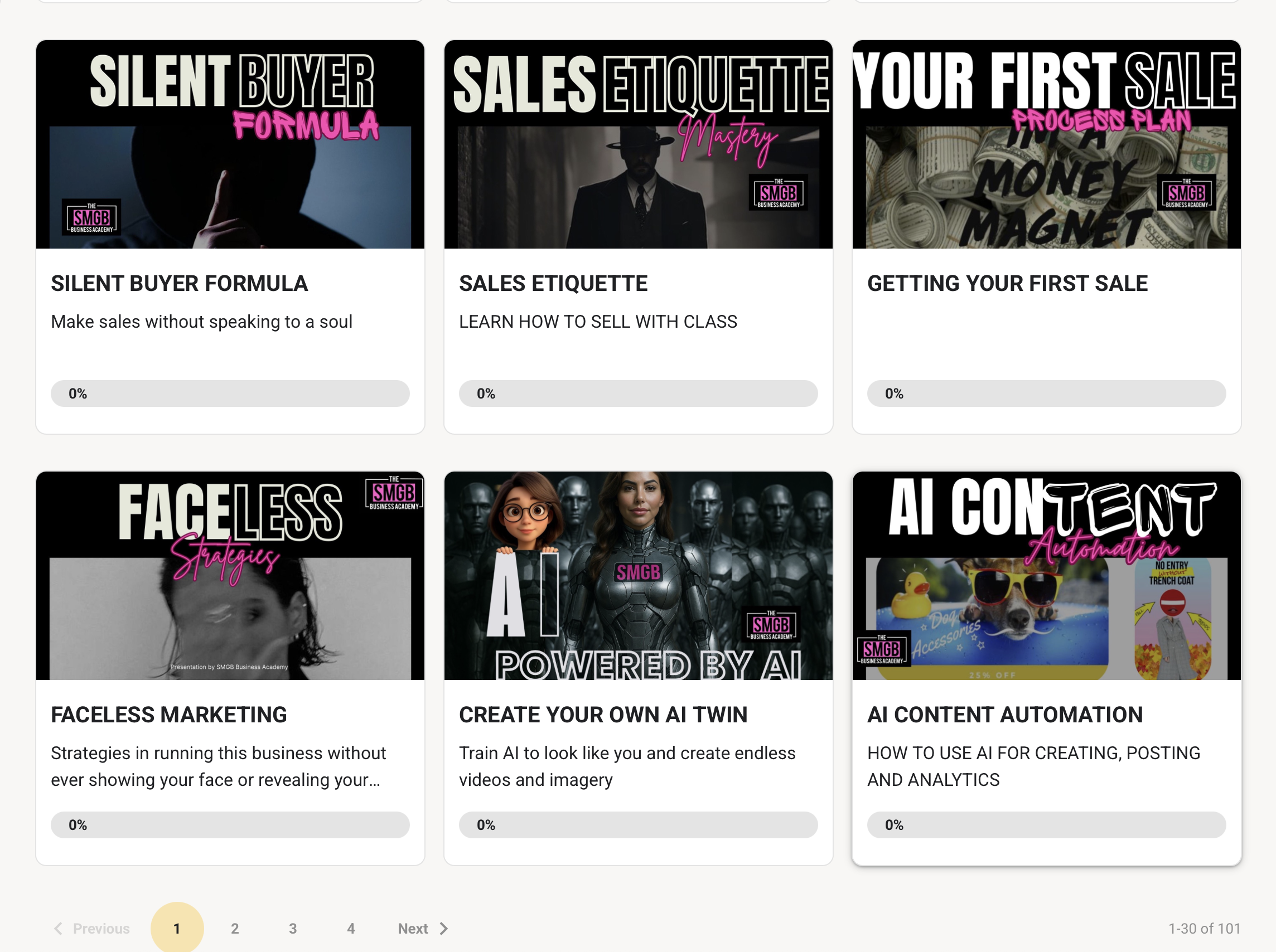 Modules de formation SMGB Business Academy – plus de 100 cours en ligne sur le business digital, marketing, vente, automatisation, réseaux sociaux, branding et mindset pour créer un business en ligne rentable et durable.