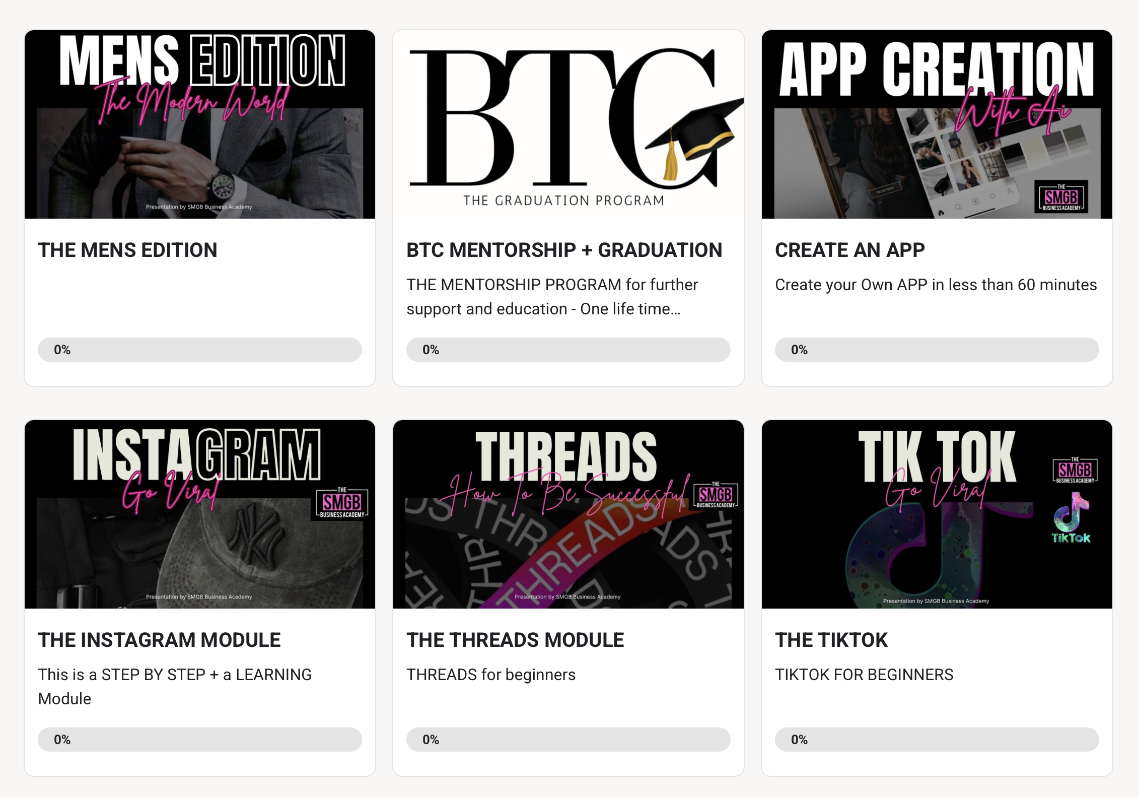 Modules de formation SMGB Business Academy – plus de 100 cours en ligne sur le business digital, marketing, vente, automatisation, réseaux sociaux, branding et mindset pour créer un business en ligne rentable et durable.