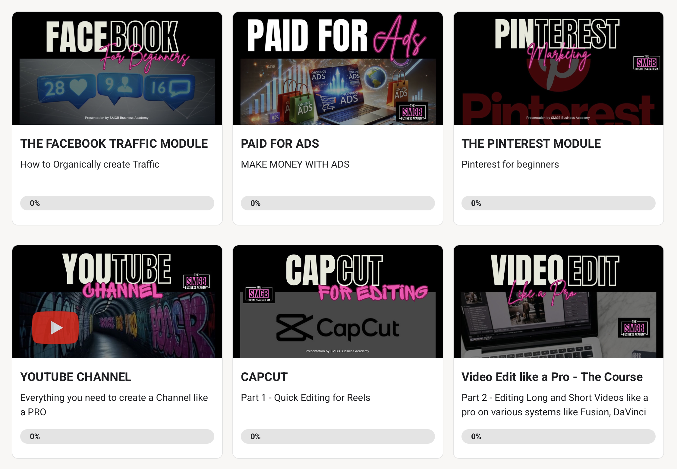 Modules de formation SMGB Business Academy – plus de 100 cours en ligne sur le business digital, marketing, vente, automatisation, réseaux sociaux, branding et mindset pour créer un business en ligne rentable et durable.