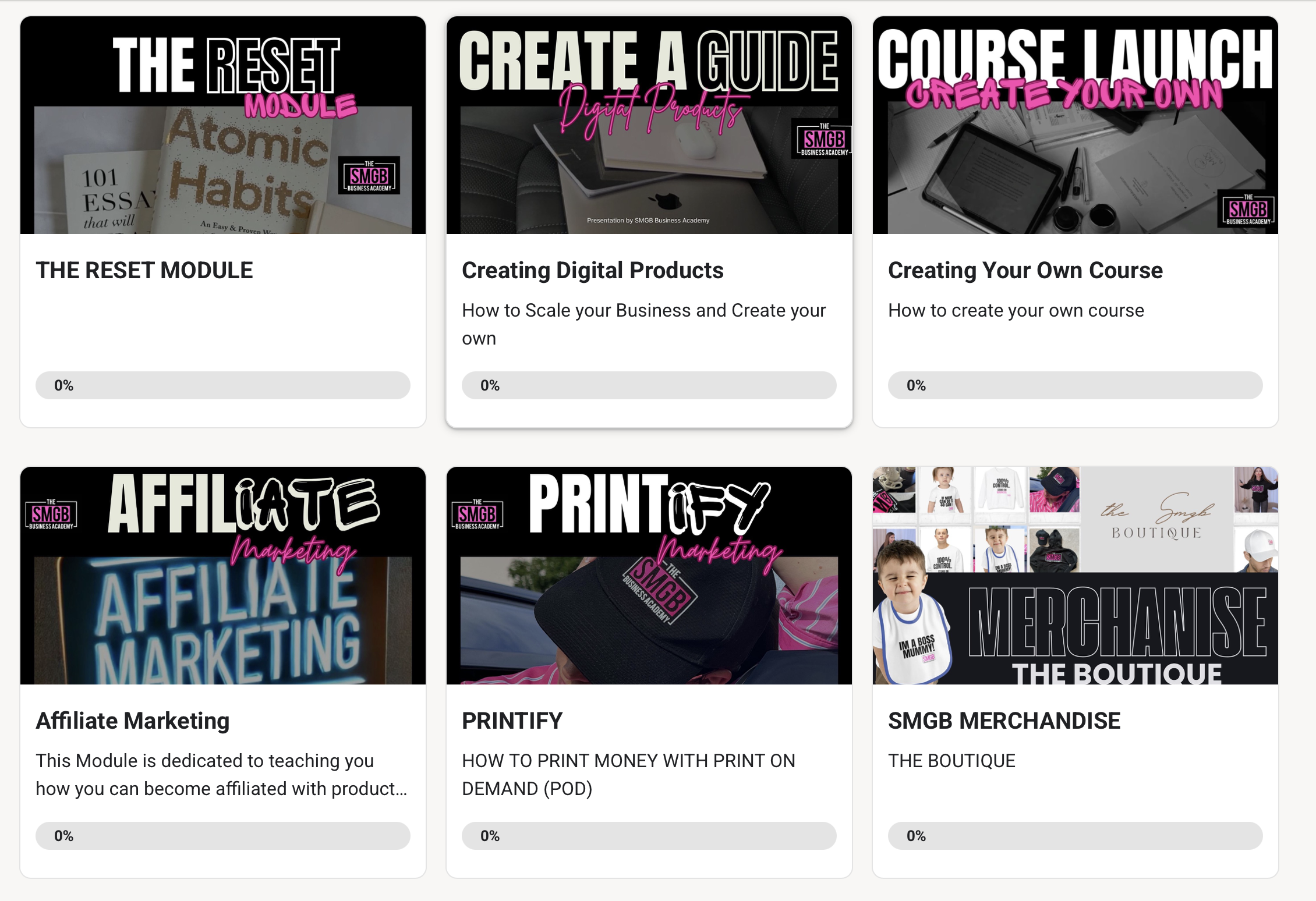 Modules de formation SMGB Business Academy – plus de 100 cours en ligne sur le business digital, marketing, vente, automatisation, réseaux sociaux, branding et mindset pour créer un business en ligne rentable et durable.