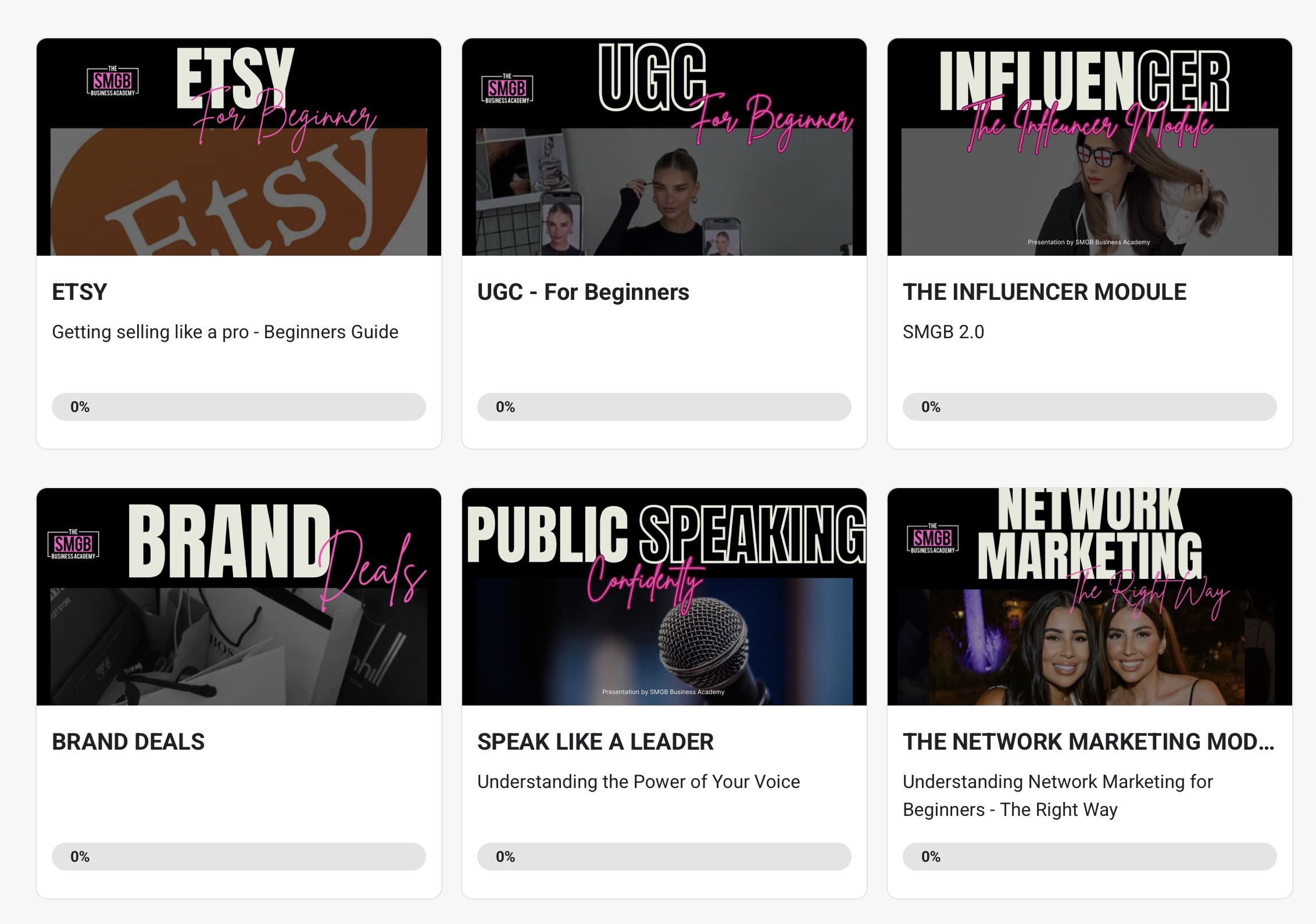 Modules de formation SMGB Business Academy – plus de 100 cours en ligne sur le business digital, marketing, vente, automatisation, réseaux sociaux, branding et mindset pour créer un business en ligne rentable et durable.